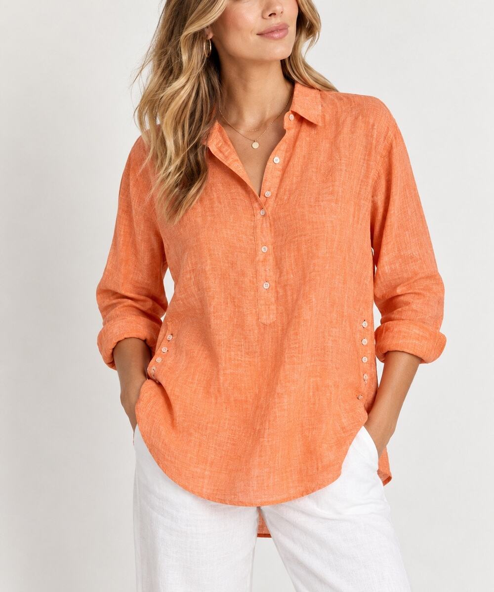 J McLaughlin Orange Linen Popover Shirt Blouse M 100% Linen Tunic Coastal